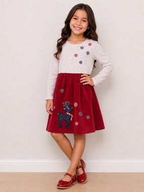 Beebay Girls Christmas Reindeer Corduroy Dress Red Holiday Size 7